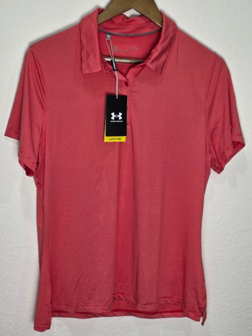 NWT Under Armour Zinger Golf Polo Shirt Pink Striped Short Sleeve Women's Large